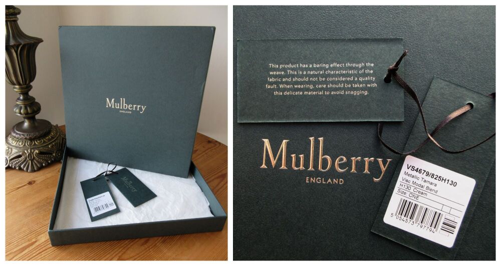 Mulberry Tamara Square Scarf Sparkle Wrap in Metallic Cream Modal Cotton Blend - New*