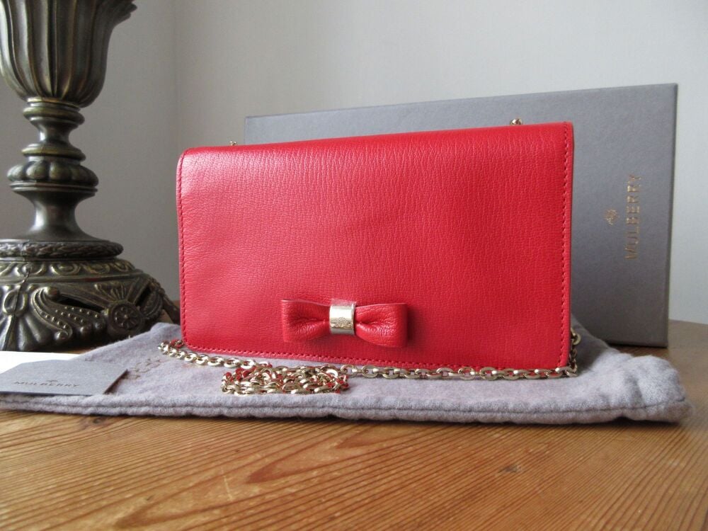 Mulberry Bow Shoulder Clutch Wallet on Chain in Bright Red Shiny Goat Leather