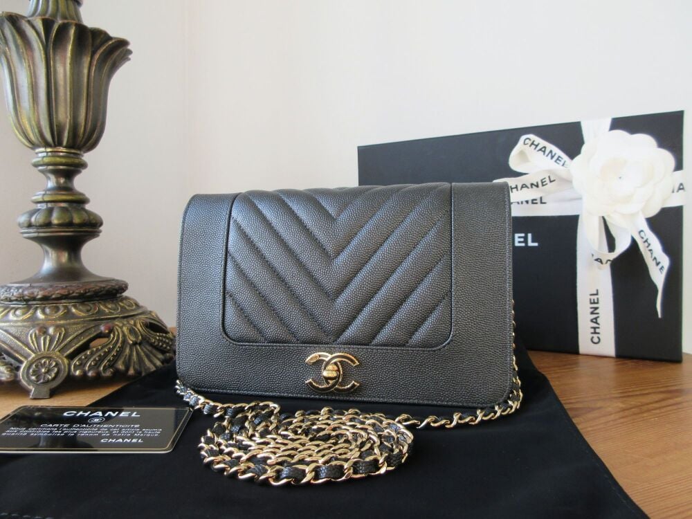 Chanel Wallet on Chain WOC in Chevron Quilted Gunmetal Caviar