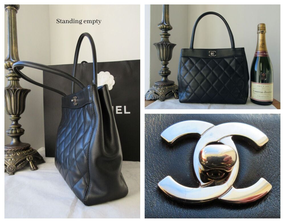 Chanel Vintage Small Tote in Black Quilted Calfskin with Shiny Silver Hardware
