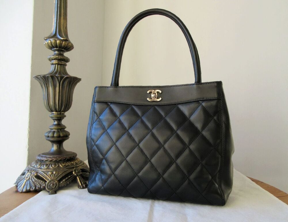 Chanel Vintage Small Tote in Black Quilted Calfskin with Shiny Silver Hardware