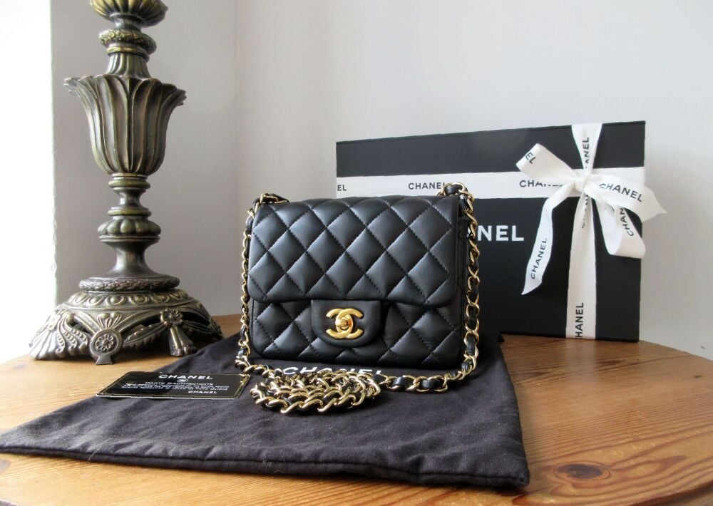 Chanel Classic Mini Square Flap in Black Lambskin with Gold Hardware