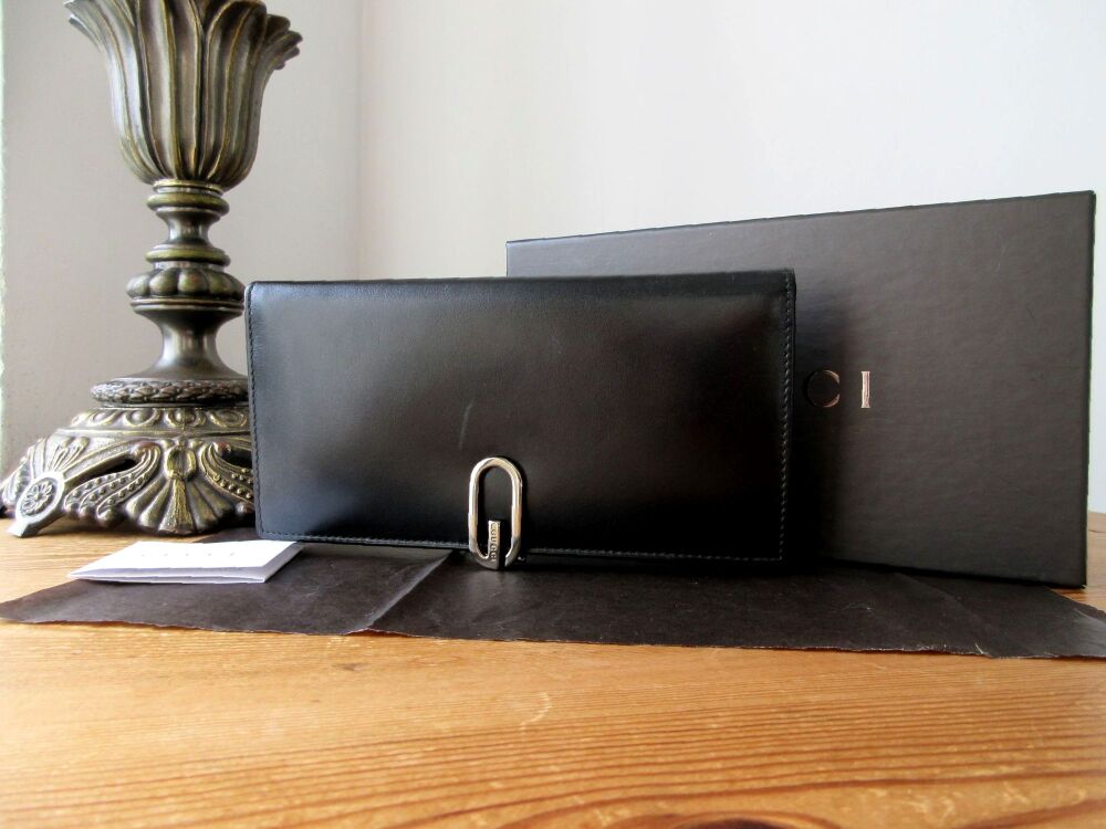 Gucci Vintage G Clip Long Folded Wallet in Smooth Black Calfskin