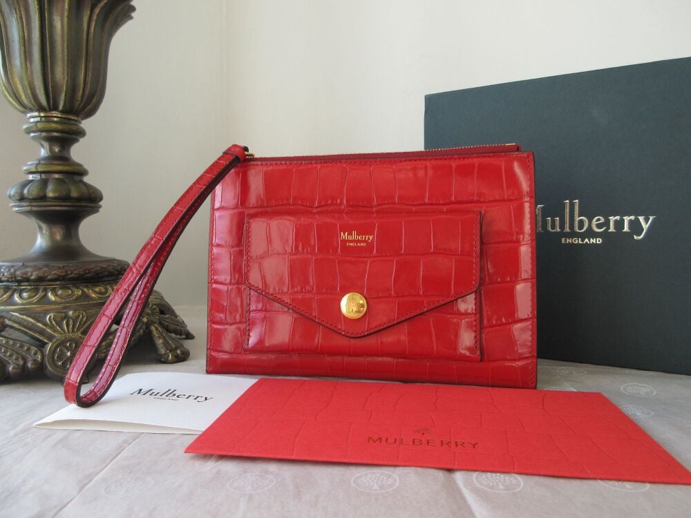 Mulberry Prestud Envelope Zip Pouch Wristlet in Red Shiny Croc Printed Calfskin