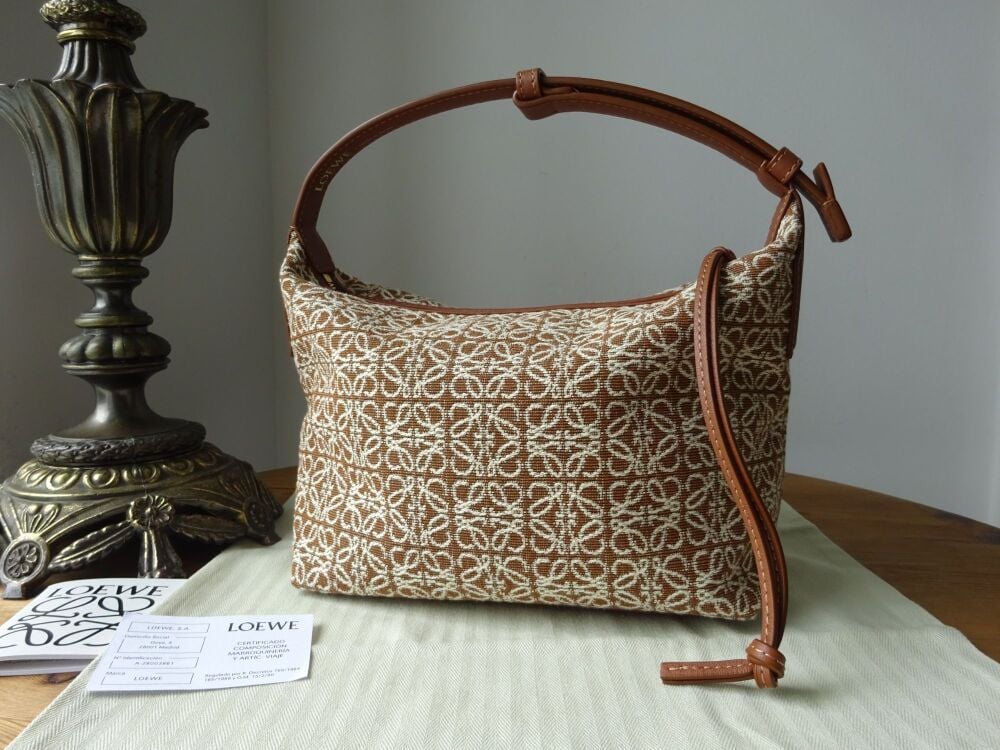 Loewe Small Cubi Bag in Tan & Pecan Anagram Jacquard and Calfskin - As New