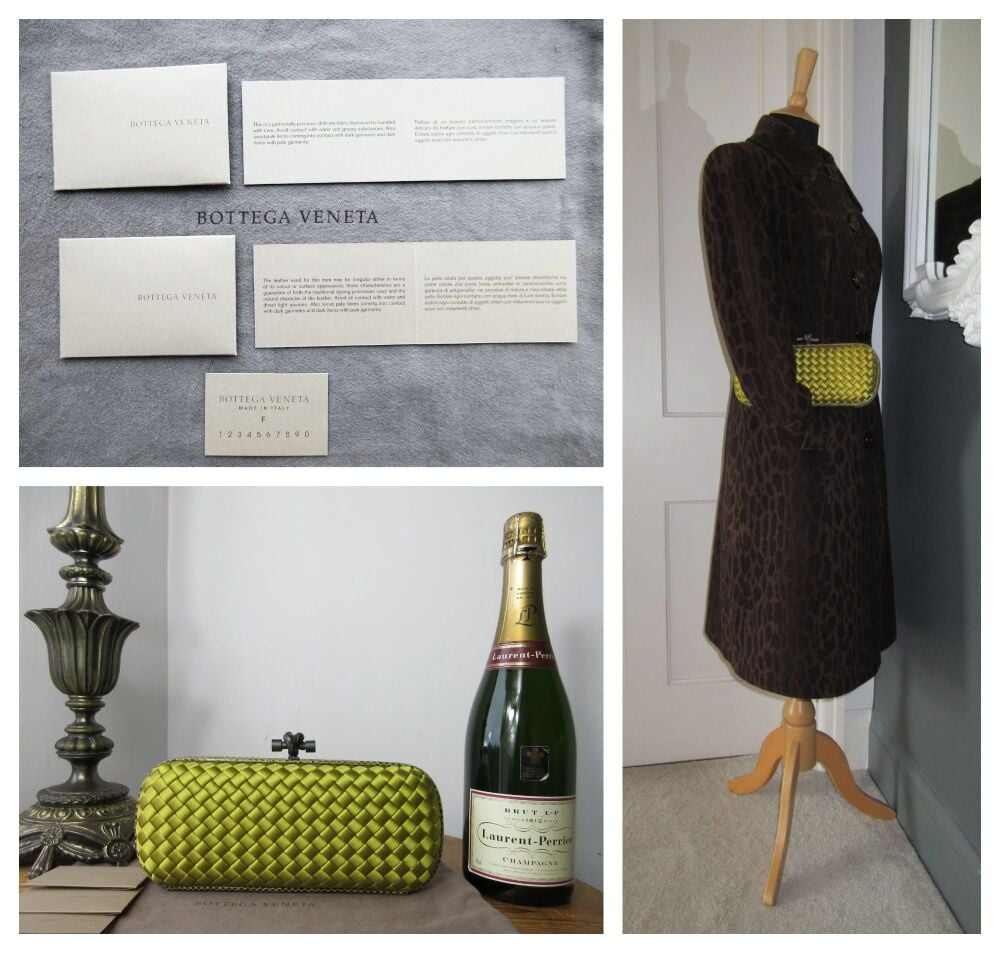 Bottega Veneta Stretch Long Pochette Knot Clutch in Gold Satin Intrecciato & Ayers - As New