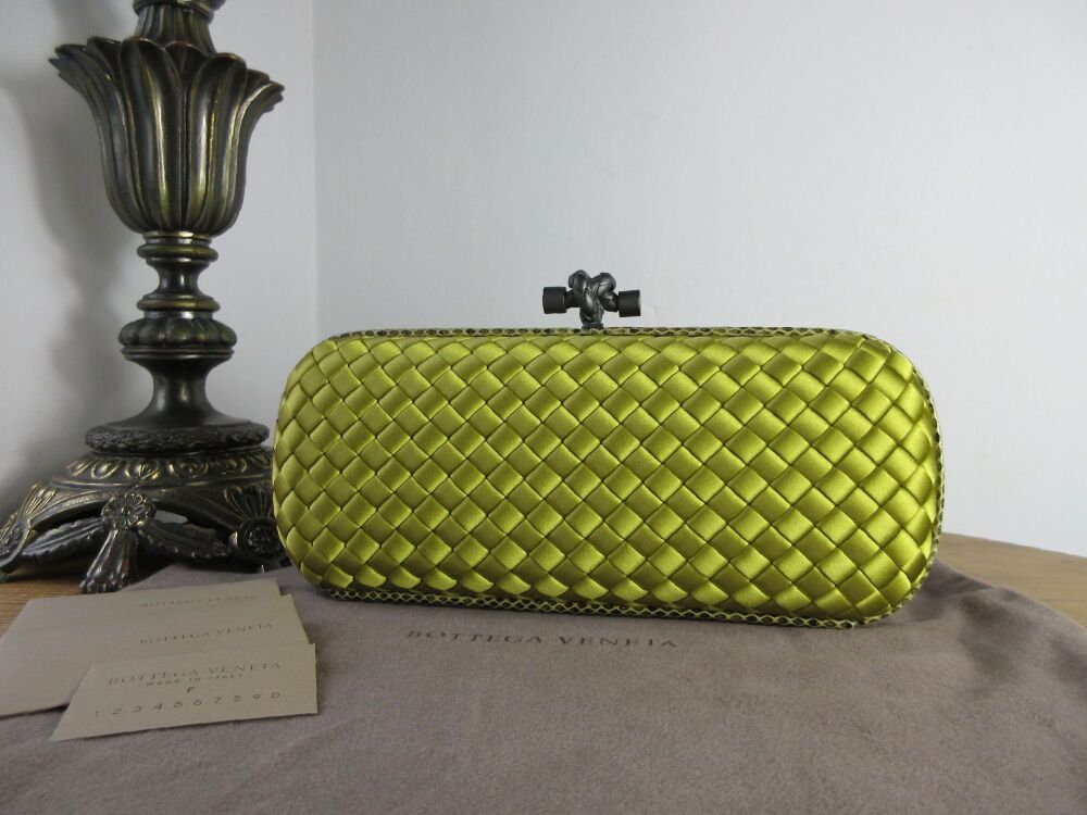 Bottega Veneta Stretch Long Pochette Knot Clutch in Gold Satin Intrecciato & Ayers - As New