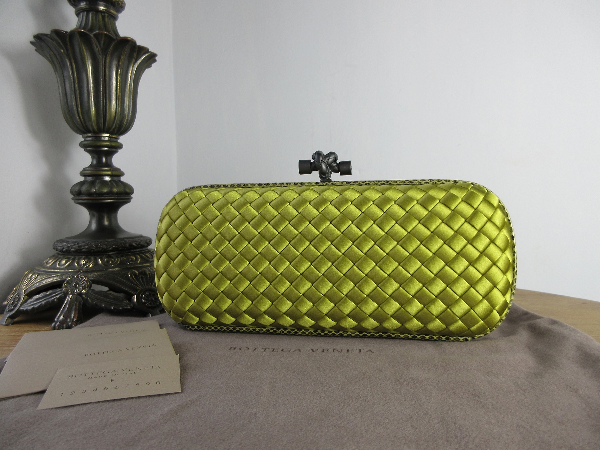 Bottega Veneta Long (Stretch) Pochette Knot Clutch in Gold Satin Intrecciato & Ayers.JPG
