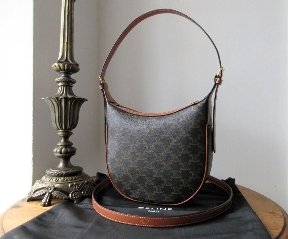 Celine Small Heloise Hobo in Triomphe Canvas and Tan Cuir Calfskin - New