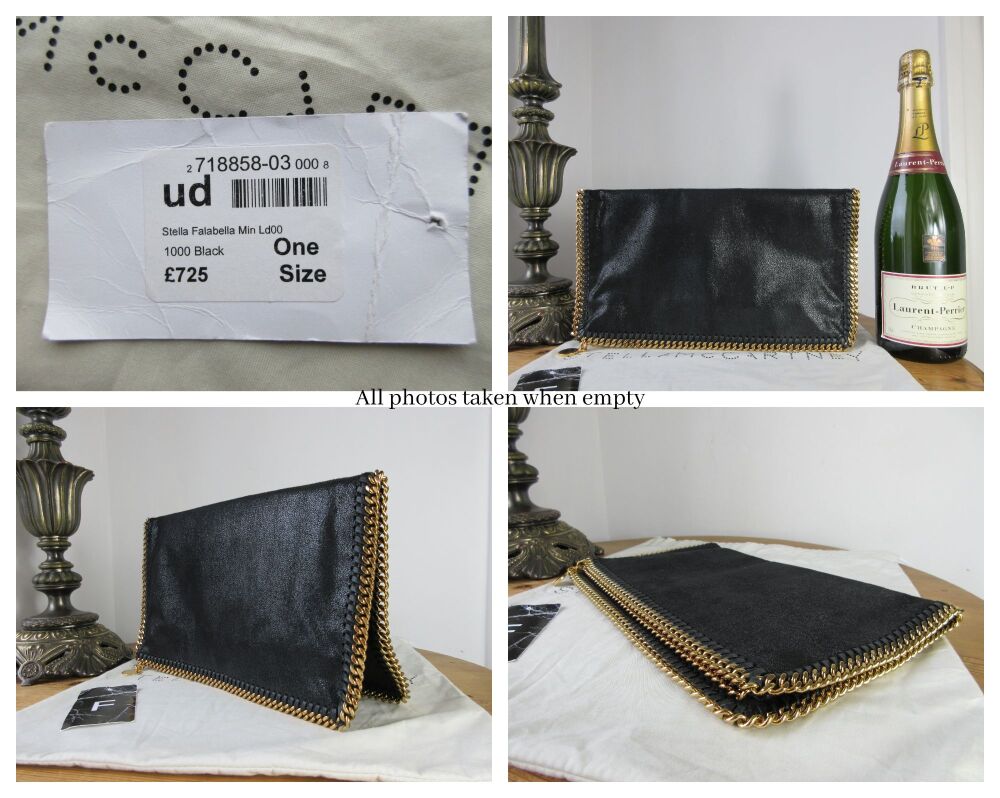 Stella McCartney Falabella Foldover Clutch Bag in Black Vegan Leather with Shiny Gold Hardware