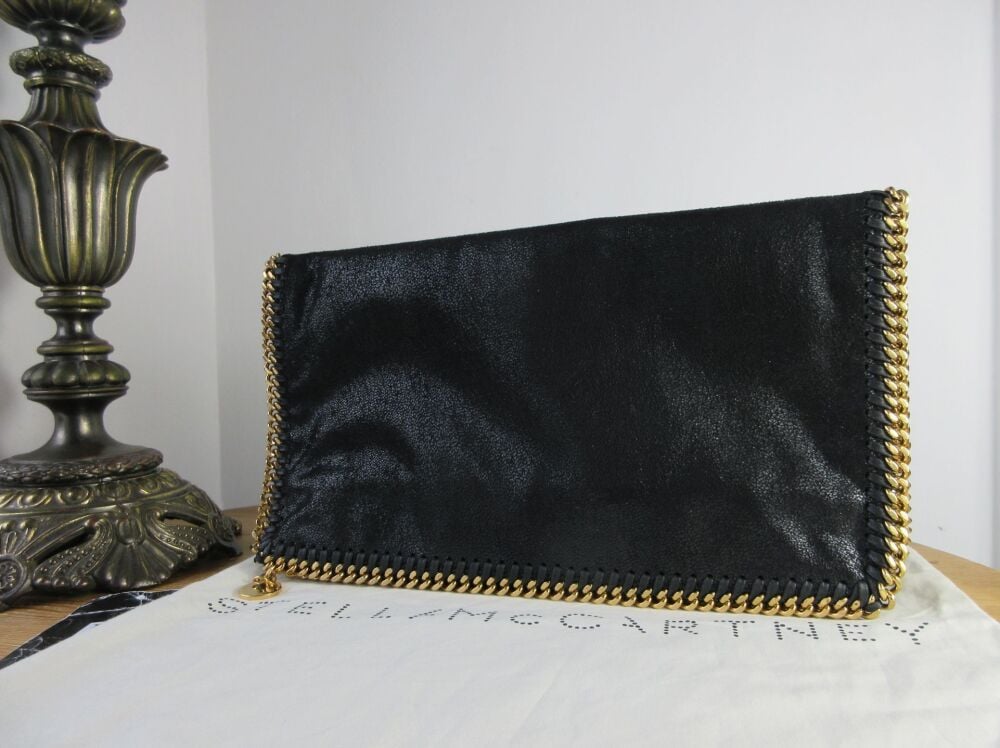 Stella McCartney Falabella Foldover Clutch Bag in Black Vegan Leather with Shiny Gold Hardware