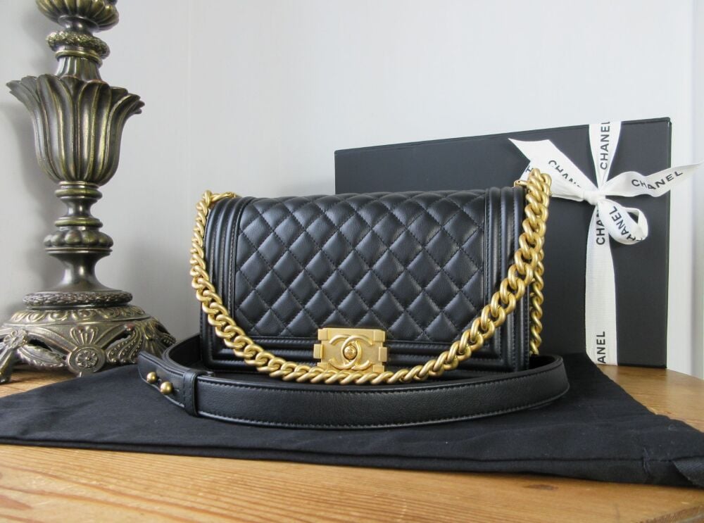 Chanel Medium Boy Bag in Black Calfskin with Aged Gold Hardware