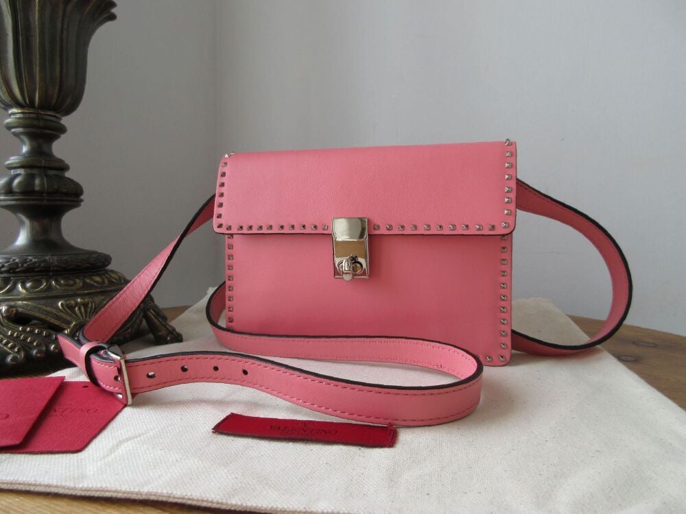 Valentino Garavani Micro Rockstud Small Turnlock Pochette in Rose Pink Smooth Calfskin