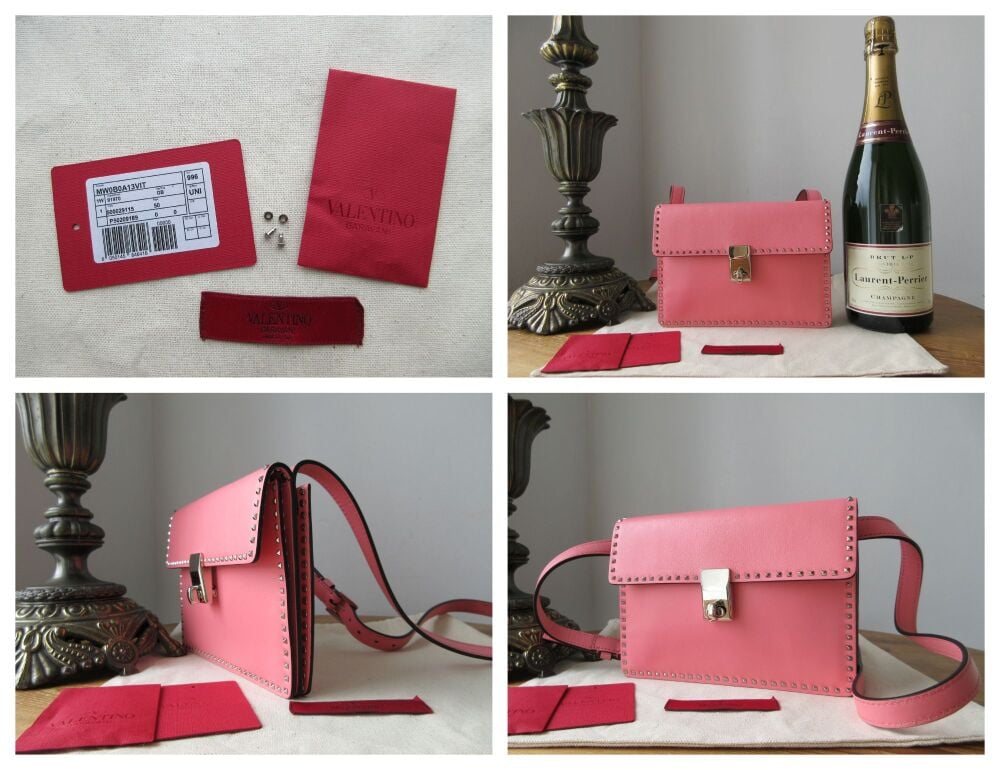 Valentino Garavani Micro Rockstud Small Turnlock Pochette in Rose Pink Smooth Calfskin