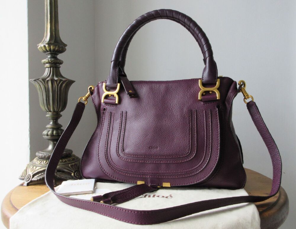 Chlo&eacute; Marcie Medium Double Carry Bag in Intense Violine Violet Purple Grained Calfskin