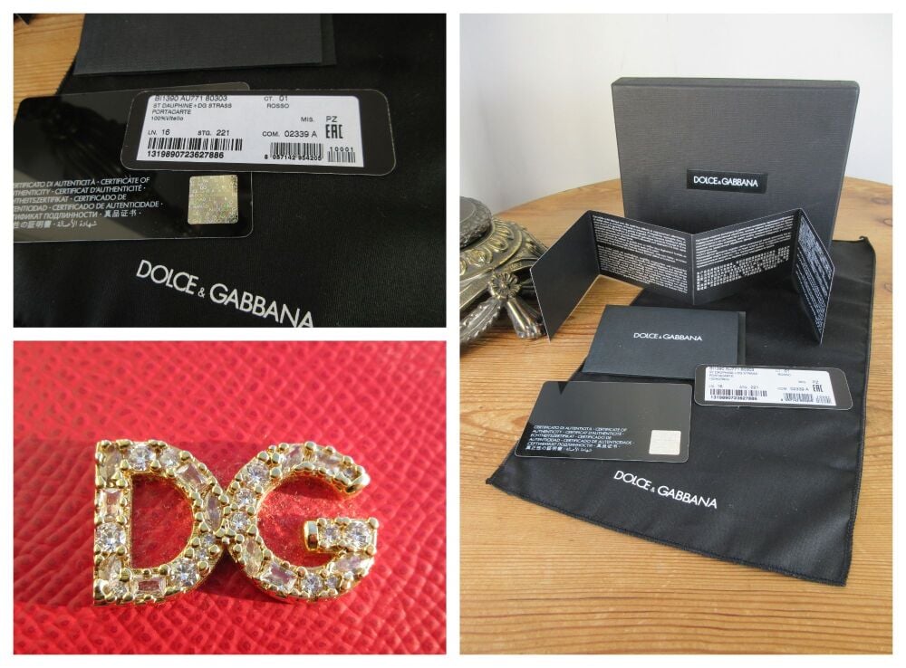 Dolce & Gabbana Crystal Strass Vertical Card Holder Wallet in Rosso Red Dauphine Calfskin