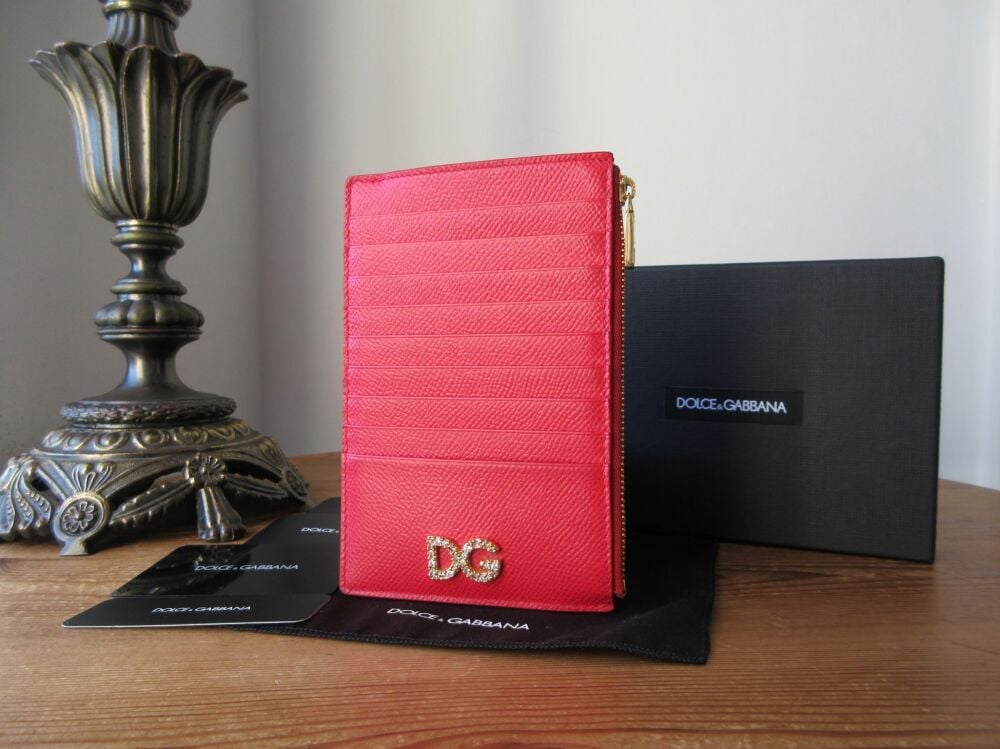 Dolce & Gabbana Crystal Strass Vertical Card Holder Wallet in Rosso Red Dauphine Calfskin