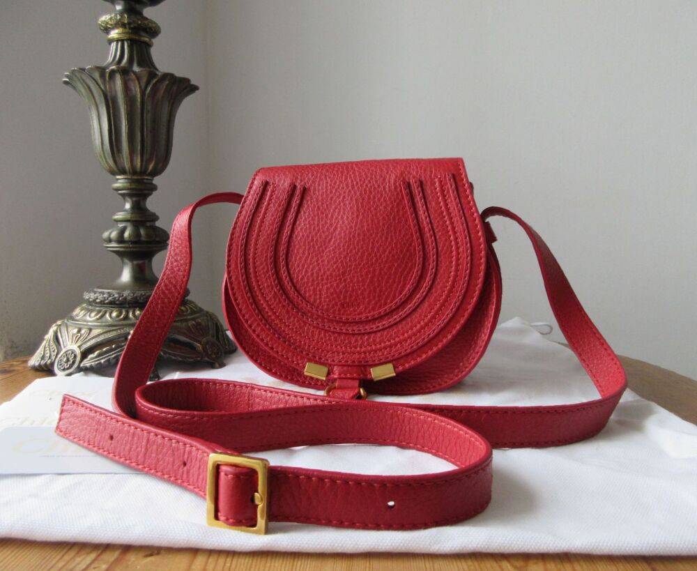 Chlo&eacute; Mini Marcie Small Saddle Bag in Holly Berry Red Pebbled Calfskin - As New