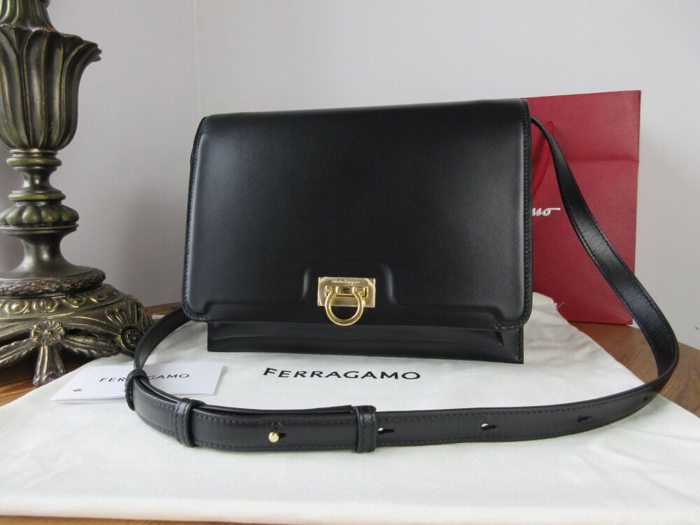 Salvatore Ferragamo Trifolio Shoulder Clutch in Black Box Calfskin - As New