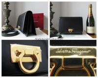 Salvatore Ferragamo Trifolio Shoulder Clutch in Black Box Calfskin - As New