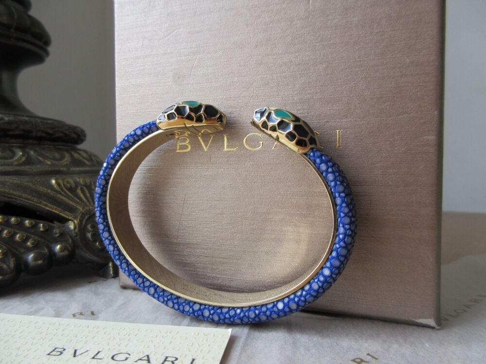 Bvlgari Serpenti Forever Open Cuff Bracelet Bangle in Royal Sapphire Blue Galuchat