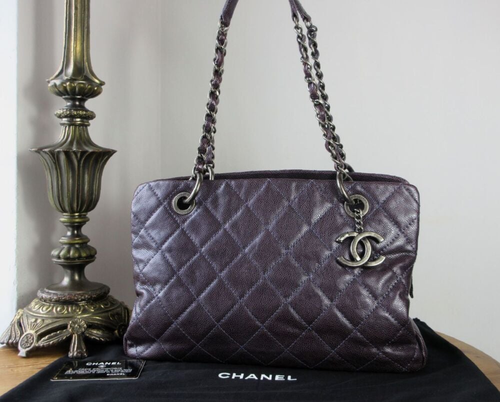 Chanel Medium Shoulder Tote in Purple Metallic Quilted Caviar with Ruthenium Hardware