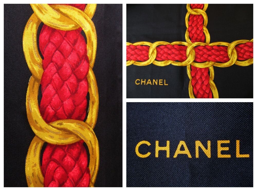 Chanel Silk Square Scarf Carre in Black with Red & Gold Shoulder Chain Print