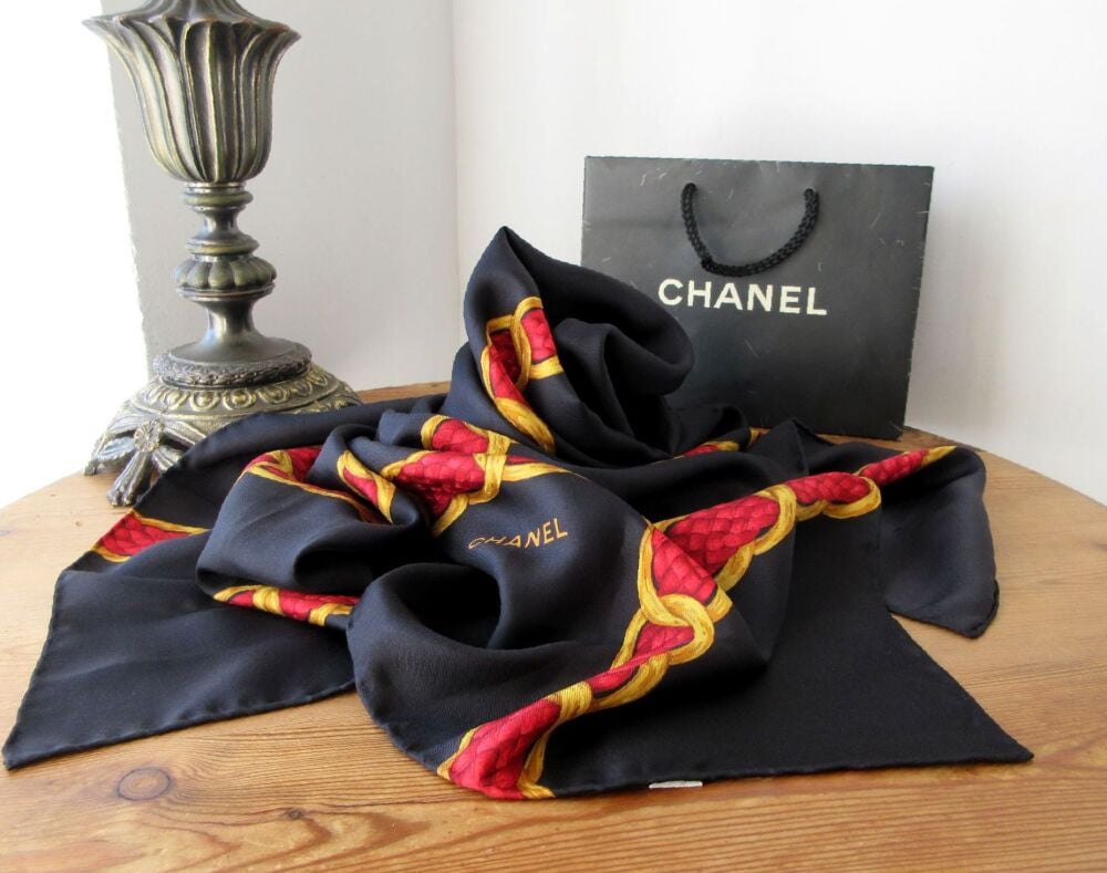 Chanel Silk Square Scarf Carre in Black with Red & Gold Shoulder Chain Print