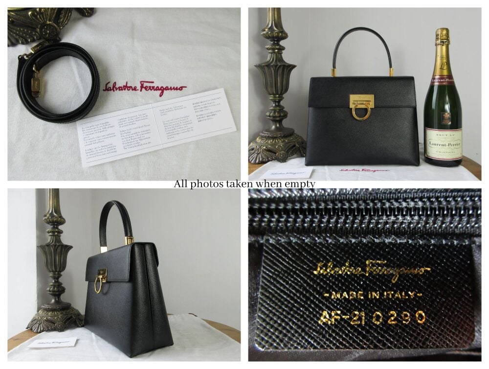 Salvatore Ferragamo Gancini Top Handle Shoulder Bag in Black Saffiano Calfskin