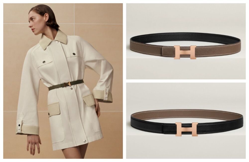 Herm&egrave;s Mini Constance Rose Gold Belt Buckle & Reversible 24 mm Etoupe Epsom & Noir Swift - As New