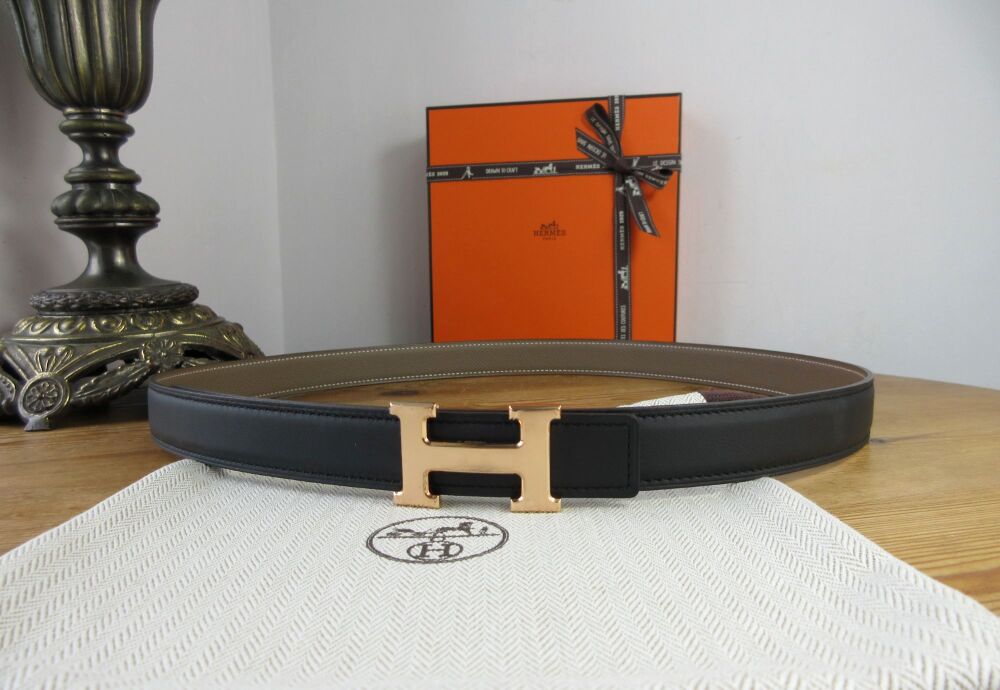 Herm&egrave;s Mini Constance Rose Gold Belt Buckle & Reversible 24 mm Etoupe Epsom & Noir Swift - As New
