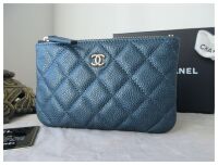 Chanel Mini O Case Zipped Pouch in Pearly Petroleum Blue Soft Quilted Cavia