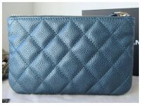 Chanel Mini O Case Zipped Pouch in Pearly Petroleum Blue Soft Quilted Cavia