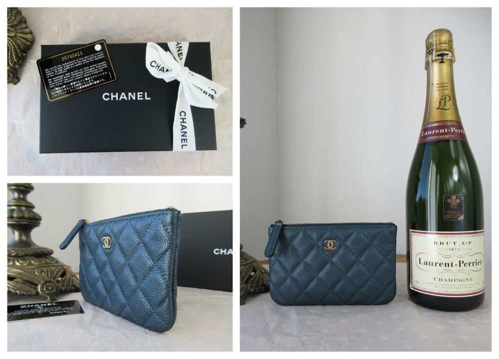 Chanel Mini O Case Zipped Pouch in Pearly Petroleum Blue Soft Quilted Caviar with Champagne Gold Hardware