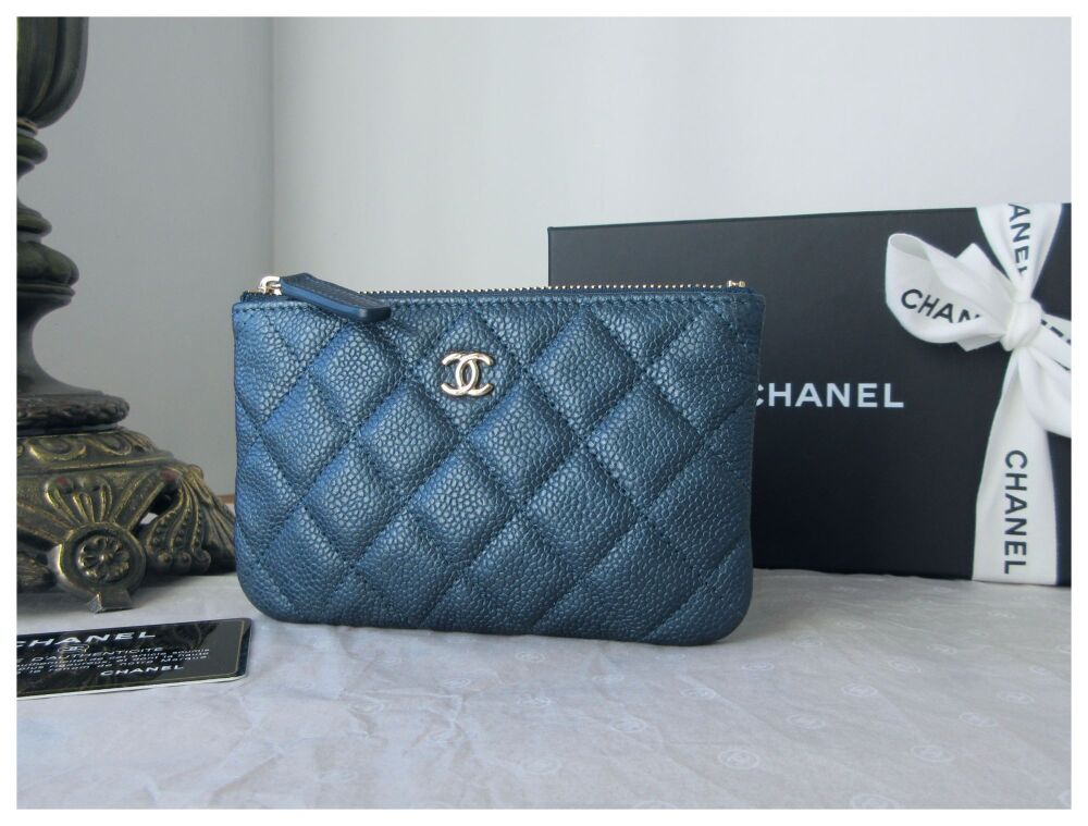 Chanel Mini O Case Zipped Pouch in Pearly Petroleum Blue Soft Quilted Caviar with Champagne Gold Hardware