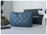 Chanel Mini O Case Zipped Pouch in Pearly Petroleum Blue Soft Quilted Cavia