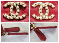 Chanel Pearl Embellished Twin Zipped Pochette Clutch with Chain in Dark Red