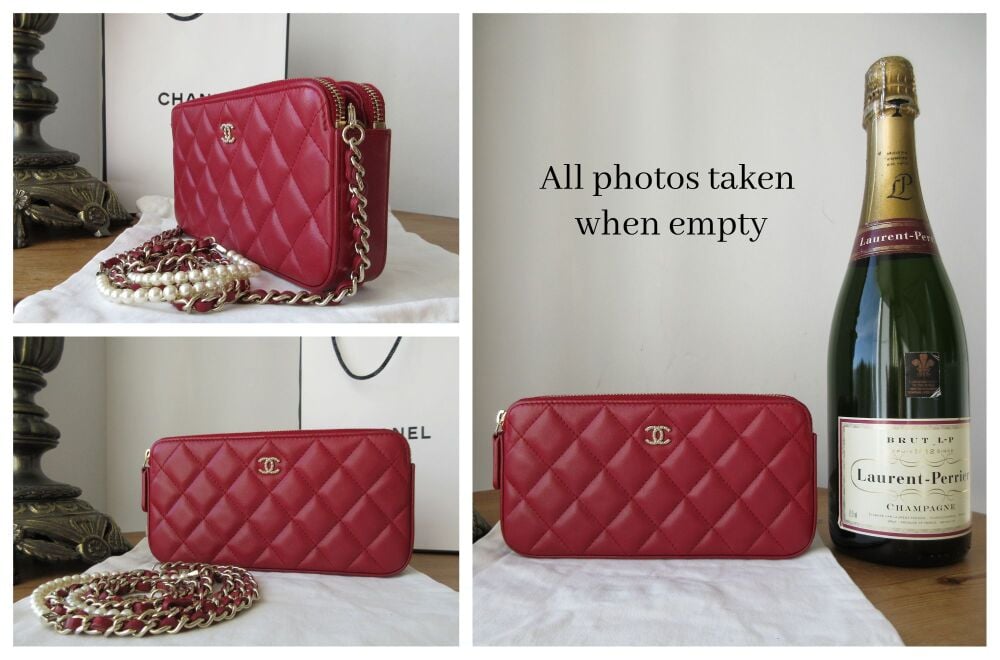 Chanel Pearl Embellished Twin Zipped Pochette Clutch with Chain in Dark Red Lambskin