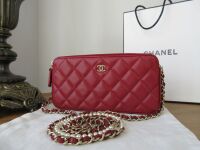 Chanel Pearl Embellished Twin Zipped Pochette Clutch with Chain in Dark Red