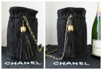 Chanel Vintage Tassle Bucket Bag in Black Quilted Suede with Gold Hardware