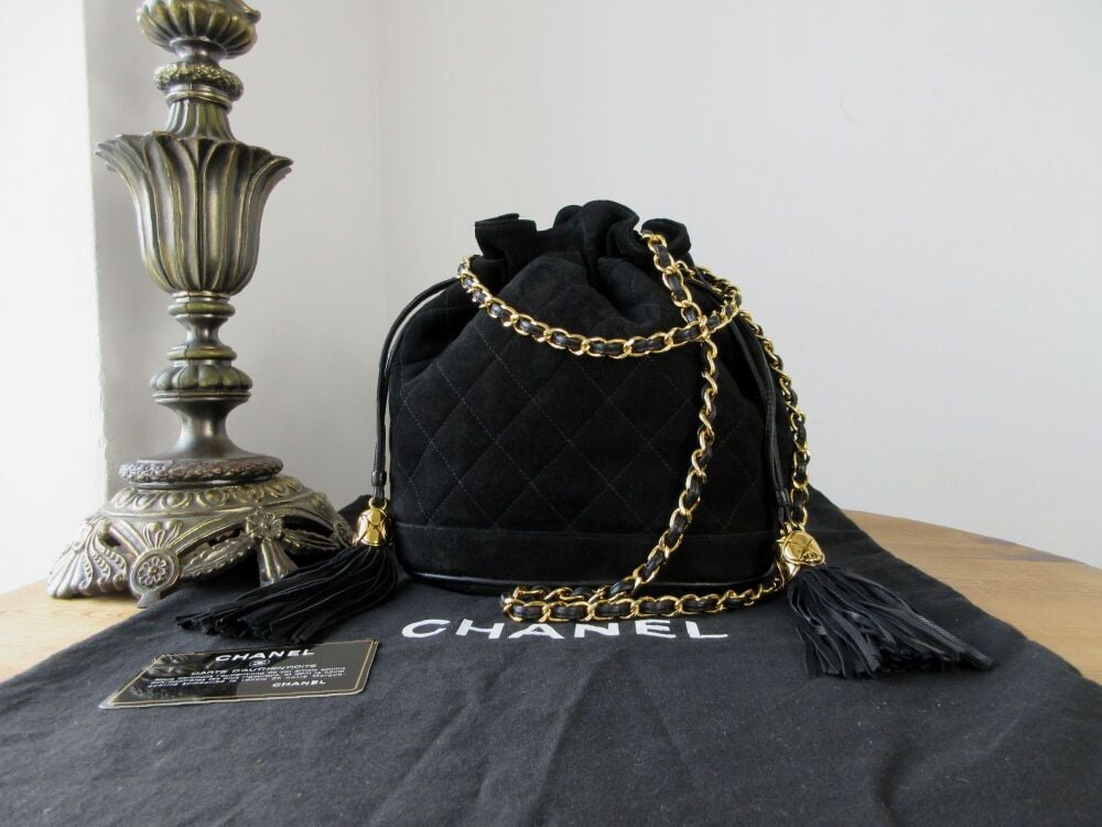 Chanel Vintage Tassle Bucket Bag in Black Quilted Suede with Shiny Gold Hardware