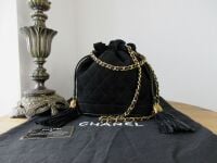 Chanel Vintage Tassle Bucket Bag in Black Quilted Suede with Gold Hardware