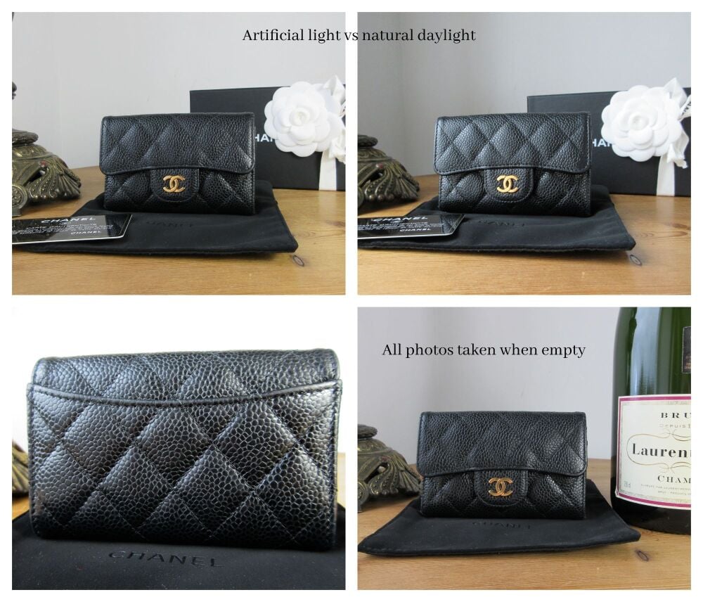 Chanel Classic Flap Compact Card Holder in Black Caviar with Gold Hardware