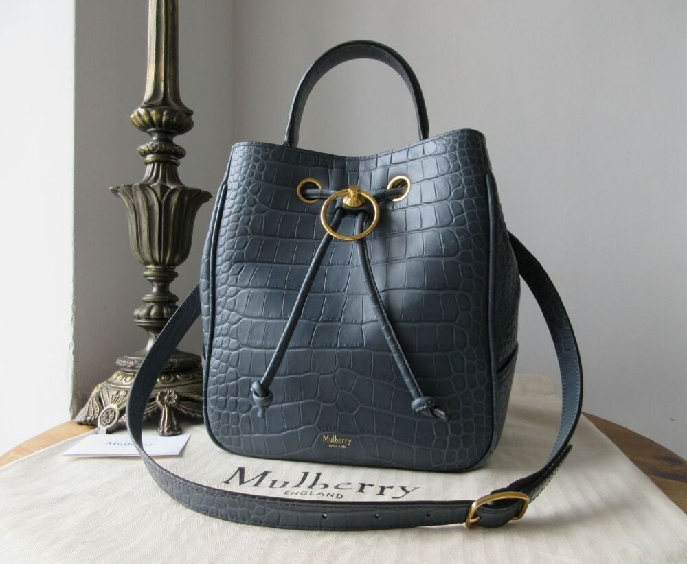 Mulberry Hampstead Bucket Bag in Dark Stone Matte Croc Printed Calfskin