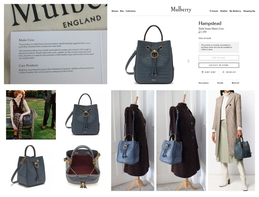 Mulberry Hampstead Bucket Bag in Dark Stone Matte Croc Printed Calfskin