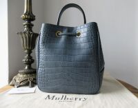 Mulberry Hampstead Bucket Bag in Dark Stone Matte Croc Printed Calfskin
