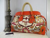 Prada Large Canapa Stampata Frame Top Handle Bauletto in Papaya