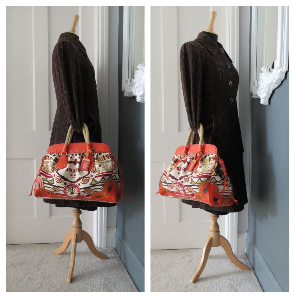 Prada Large Canapa Stampata Frame Top Handle Bauletto in Papaya
