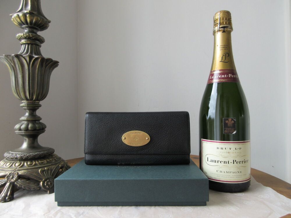 Mulberry Plaque Continental Long Flap Wallet in Black Natural Vegetable Tanned Leather