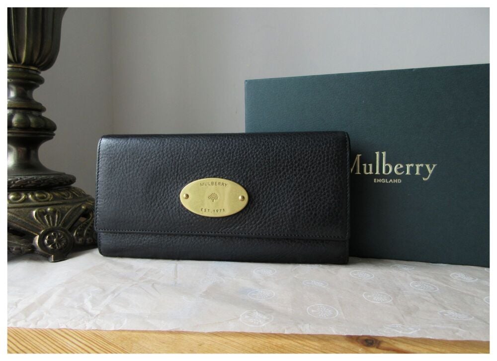 Mulberry Plaque Continental Long Flap Wallet in Black Natural Vegetable Tanned Leather